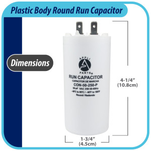 Appli Parts Run Capacitor for electric motors 50 Mfd uF (microfarads) 250VAC Plastic Case with terminals CBB60 Round Universal fit water pumps and others 4-1/4 in High 1-3/4 in Wide CON-50-250-P