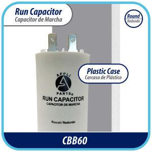 Appli Parts Run Capacitor for electric motors 50 Mfd uF (microfarads) 250VAC Plastic Case with terminals CBB60 Round Universal fit water pumps and others 4-1/4 in High 1-3/4 in Wide CON-50-250-P