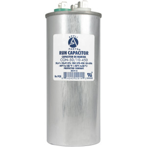 Appli Parts Dual Run Capacitor for ac 40+10 Mfd uF (microfarads) 370VAC or 450VAC CBB65 Round Universal fit for hvac and other applications 5-3/8 in High 2-1/8 in Wide CON-40/10-450 