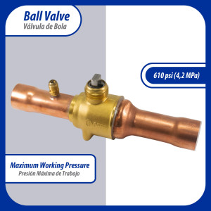 Appli Parts APBV-118 1-1/8 in Shut Off Ball Valve ODF Universal Replacement 610 psi (4.2 Mpa) max pressure -22 F to 248 F work temperature with 1/4 in SAE service port, with 8-1/2 in overall length