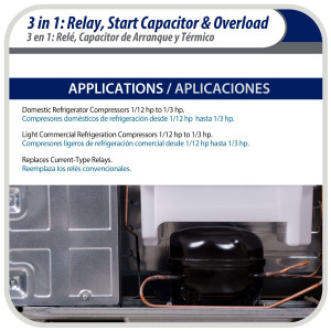Appli Parts APTO-810 Kit 3 en 1, 1/12 a 1/5 HP, 115 V, Relay de Arranque, Capacitor y Termico Kit 3 en 1 RCO-810 remplazo para compresores de capacidad entre 1/12 y 1/5hp 115V UL SA44719