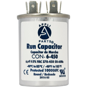 Appli Parts Run Capacitor for ac 6 Mfd uF (microfarads) 370 VAC or 450 VAC CBB65 Round Universal fit for hvac and other applications 2-1/2 in High 1-1/2 in Wide CON-6-450