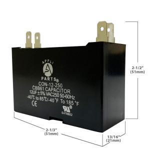 Appli Parts Fan Capacitor 12 mfd (microfarads) uf 250 VAC with 4 Terminal Connections compatible with any brand within the same range of capacitance 2-1/4in Width 7/8in Depth 1-3/4in Height CAP-12-250