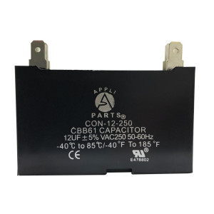 Appli Parts Fan Capacitor 12 mfd (microfarads) uf 250 VAC with 4 Terminal Connections compatible with any brand within the same range of capacitance 2-1/4in Width 7/8in Depth 1-3/4in Height CAP-12-250