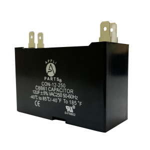 Appli Parts Fan Capacitor 12 mfd (microfarads) uf 250 VAC with 4 Terminal Connections compatible with any brand within the same range of capacitance 2-1/4in Width 7/8in Depth 1-3/4in Height CAP-12-250