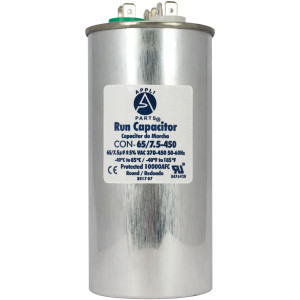 Appli Parts Dual Run Capacitor for ac 65+7.5 Mfd uF (microfarads) 370VAC or 450VAC CBB65 Round Universal fit for hvac and other applications 5-1/4 in High 2-1/4 in Wide CON-65/7.5-450