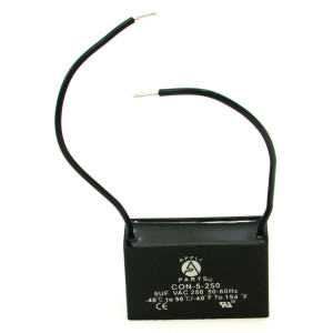 Appli Parts Fan Capacitor 5 mfd (microfarads) uf 250 VAC with 2 Wire Terminal Connections compatible with any brand with same capacitance 1-7/8in Width 3/4in Depth 1-1/8in Height CAP-5-250-2C
