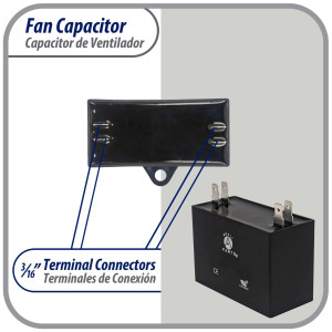 Appli Parts Fan Capacitor 12 mfd (microfarads) uf 450 VAC 4 Terminal Connections compatible with any brand within the same range of capacitance 2-1/4in Width 1-1/8in Depth 2in Height CAP-12-450
