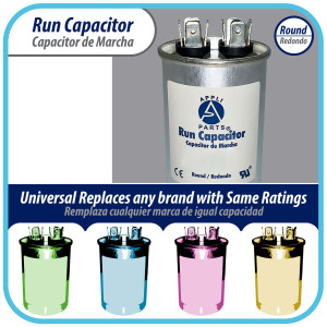Appli Parts Condensador Capacitor de Marcha 5 Mfd uF (microfaradios) 370VAC o 450VAC CBB65 Universal Aire acondicionado y otras aplicaciones Redondo UL E476928 6.4cm Alto 3.7cm Ancho CON-5-450