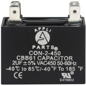 Appli Parts Fan Capacitor 2 mfd (microfarads) uf 450 VAC with 4 Terminal Connections compatible with any brand within the same range of capacitance 1-1/2in Width 5/8in depth 1-3/8in Height CAP-2-450