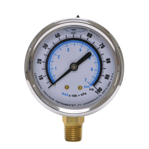 Uniweld GSL313-3 2.5 in Liquid Filled Gauge (Glycerine), 1/4 in NPT Mount, 0-100 psi, 0-7 Bar