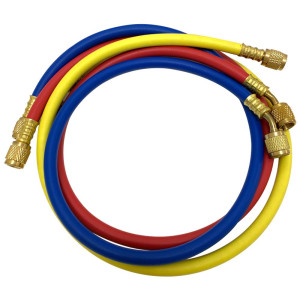 Appli Parts APMG-H36840 36 in Long 1/4 in SAE x 5/16 in SAE Red/Blue Hose, 1/4 in x 1/4 in SAE Yellow Refrigerant Hoses for use with HVAC Manifold gauges R410, rated 800-4000psi for Charging servicing AC systems