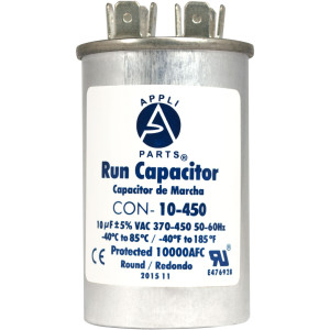 Appli Parts Run Capacitor for ac 10 Mfd uF (microfarads) 370 VAC or 450 VAC CBB65 Round Universal fit for hvac and other applications 3 in High 1-1/2 in Wide CON-10-450