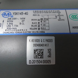Motor Ventilador Unidad Interna Ecox YKSS-145-4-1 RoHS 208-230V/60Hz 14W 4p 1.59A Lra 1.73A 930rpm 202400401417 11002012000375  Sirve EA5D50C00B