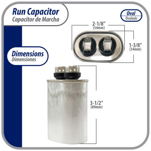 Appli Parts Condensador Capacitor de Marcha 15 Mfd uF (microfaradios) 370/450VAC CBB65 Universal Aire acondicionado y otras aplicaciones Ovalado UL 9cm Alto 3.4cm Ancho 5.4cm Largo CON-15-450-O 