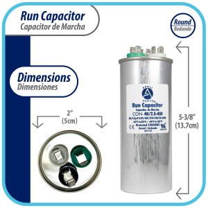 Appli Parts Condensador Capacitor de Marcha 40+7.5 Mfd uF (microfaradios) 370VAC o 450VAC CBB65 Universal  Aire acondicionado y aplicaciones Redondo UL E476928 13.7cm Alto 5cm Ancho CON-40/7.5-450  
