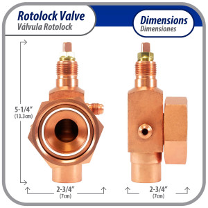 Appli Parts APRV-VA07 Valvula Rotolock V07 1-3/4 pulg x 7/8 pulg Soldable con puertos de acceso de 1/4 pulg Universal para sistemas de refrigeracion y aire acondicionado