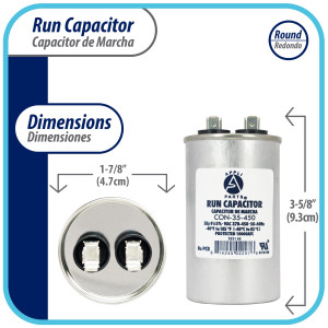 Appli Parts Run Capacitor for ac 35 Mfd uF (microfarads) 370 VAC or 450 VAC CBB65 Round Universal fit for hvac and other applications 3-5/8 in High 1-7/8 in Wide CON-35-450
