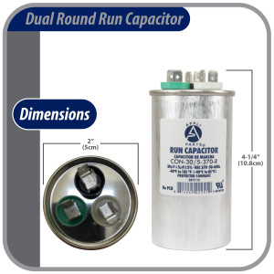 Appli Parts Dual Run Capacitor for ac 30+5 Mfd uF (microfarads) 370VAC CBB65 Round Universal fit for hvac and other applications UL E476928 2in Wide 4-1/4in Height CON-30/5-370-R

