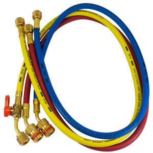 Uniweld EZ5HS Manifold Hoses 60 in Red and Blue with EZ Turn, Yellow with Ball Valve, CFC/HCFC/HFC R410 Anti-Blowback fitting with Soft Magic Barrier hose set
