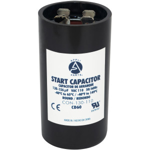Appli Parts motor start capacitor 130-156 Mfd (microfarads) uF 110-125 VAC universal fit for electric motor applications 1-7/16 in Diameter 2-3/4 in Height CON-130-110

