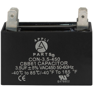 Appli Parts Fan Capacitor 3.5 mfd (microfarads) uf 450 VAC with 4 Terminal Connections compatible with any brand within the same range capacitance 1-7/8in Width 3/4in Depth 1-1/2in Height CAP-3.5-450