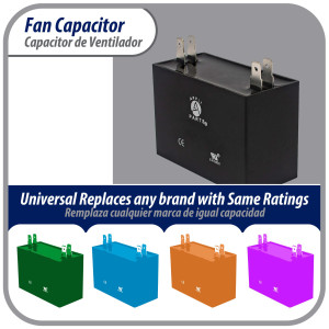 Appli Parts Fan Capacitor 8 mfd (microfarads) uf 450 VAC 4 Terminal Connections compatible with any brand within the same range of capacitance 1-7/8in Width 1in Depth 1-7/8in Height CAP-8-450
