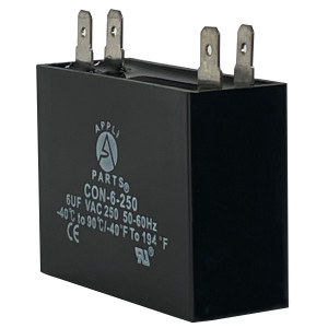 Appli Parts Condensador Capacitor de ventilador 6 mfd (microfaradios) uf 250VAC con conectores compatible con cualquier marca de igual capacitancia 4.7cm Ancho 1.8cm Profundidad 4.3cm Alto CAP-6-250