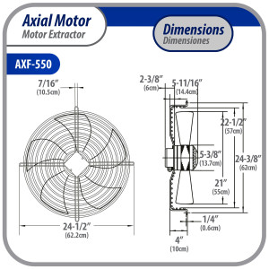 Appli Parts AXF-550 Extractor Axial 550 mm (21-5/8 pulg) 220 V, 1 ph, 60 Hz, 725W 1400 rpm, Rango Temperatura -30 C a 60 C, incluye aspa y base tipo jaula
