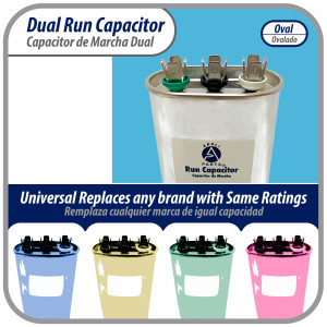 Appli Parts Dual Run Capacitor for ac 30+5 Mfd uF (microfarads) 370VAC CBB65 Oval Universal fit for hvac and other applications 1-3/4 in. Wide 2-3/4 in. Depth 3-1/2 in. Height CON-30/5-370