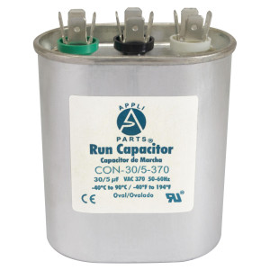 Appli Parts Dual Run Capacitor for ac 30+5 Mfd uF (microfarads) 370VAC CBB65 Oval Universal fit for hvac and other applications 1-3/4 in. Wide 2-3/4 in. Depth 3-1/2 in. Height CON-30/5-370