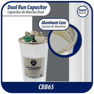 Appli Parts Dual Run Capacitor for ac 75+7.5 Mfd uF (microfarads) 370VAC or 450VAC CBB65 Round Universal fit for hvac and other applications 5-3/4 in High 2-3/8 in Wide CON-75/7.5-450