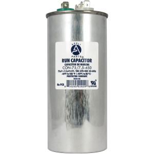 Appli Parts Dual Run Capacitor for ac 75+7.5 Mfd uF (microfarads) 370VAC or 450VAC CBB65 Round Universal fit for hvac and other applications 5-3/4 in High 2-3/8 in Wide CON-75/7.5-450