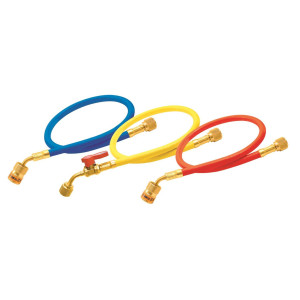 Uniweld EZ3HS Manifold Hoses 36in Red and Blue with EZ Turn Yellow with Ball Valve CFC/HCFC/HFC R410 Anti-Blowback fitting with Soft Magic Barrier hose set