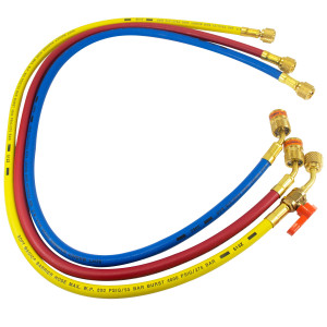 Uniweld EZ3HS Manifold Hoses 36in Red and Blue with EZ Turn Yellow with Ball Valve CFC/HCFC/HFC R410 Anti-Blowback fitting with Soft Magic Barrier hose set