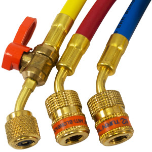 Uniweld EZ3HS Manifold Hoses 36in Red and Blue with EZ Turn Yellow with Ball Valve CFC/HCFC/HFC R410 Anti-Blowback fitting with Soft Magic Barrier hose set