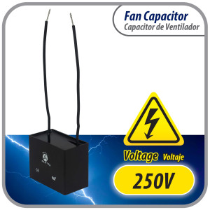 Appli Parts Fan Capacitor 3 mfd (microfarads) uf 250 VAC with 2 Wire Terminal Connections compatible with any brand with same capacitance 1-7/8in Width 1/2in Depth 1-1/8in Height CAP-3-250-2C
