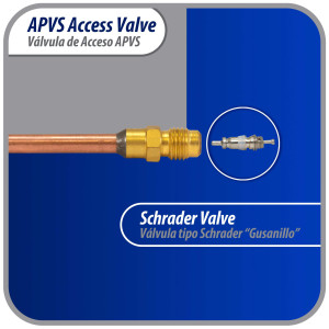 Appli Parts Valvula de acceso de 1/4 SAE x 3/16 pulg OD x con vastago de cobre de 8cm de largo con nucleo y tapa de laton con removedor de nucleo y empacadura APVS-143163