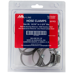 MA-Line MA-5420BX Hose Clamp 13/16in to 1-3/4in Diameter. Size 20. Combo Hex (10 x Bag)