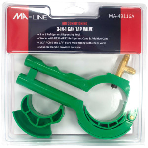 MA-Line MA-49116A Can Tap Valve 3 in 1 for Refrigerant Cans and Additive Cans. Inlcudes 1/2in ACME and 1/4in Flare Fitting with Check Valve