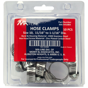 MA-Line MA-5410BX Hose Clamp 11/16in to 1-1/16in Diameter. Size 10. Combo Hex (10 x Bag)