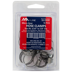 MA-Line MA-6203BX Hose Clamp 5/16in to 7/8in Diameter. Size 06. Micro Gear (10 x Bag)