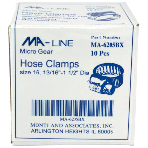 MA-Line MA-6205BX Hose Clamp 13/16in to 1-1/2in Diameter. Size 16. Micro Gear (10 x Box)