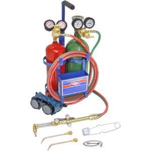 Uniweld KLC100CT Juego Soldadura Profesional Oxiacetileno Incluye Manilla y Punta Soldar / Regulador Oxigeno y Acetileno / Manguera / Gafas / Encendedor / Llave / Base y Tanques 