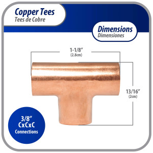 Appli Parts AP-T038B10 3/8in Wrot Copper Tee CxCxC connections for refrigeration, air conditioning and plumbing applications ACR and Type L copper pipe (10 x Bag) 