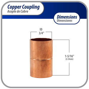 Appli Parts AP-A034 3/4 in Wrot Copper Coupling fitting CxC Sweat connections for refrigeration, air conditioning and plumbing applications ACR and Type L copper pipe