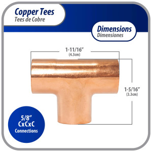 Appli Parts AP-T058 5/8 in Wrot Copper Tee CxCxC connections for refrigeration, air conditioning and plumbing applications ACR and Type L copper pipe