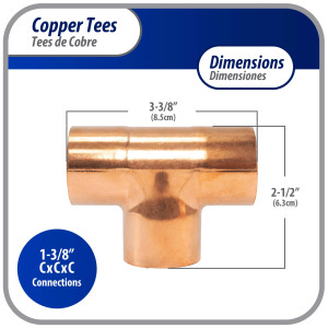 Appli Parts AP-T138 1-3/8in Wrot Copper Tee CxCxC connections for refrigeration, air conditioning and plumbing applications ACR and Type L copper pipe