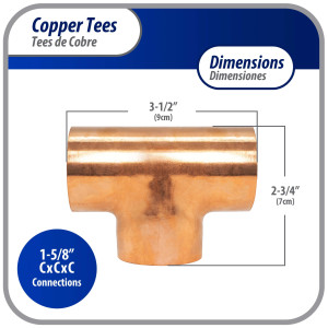 Appli Parts AP-T158B5 1-5/8 pulg Tee de Cobre Conexiones CxCxC soldadas para aplicaciones de refrigeracion, aire acondicionado y plomeria Tuberia de Cobre ACR y Tipo L (5 x Bolsa)