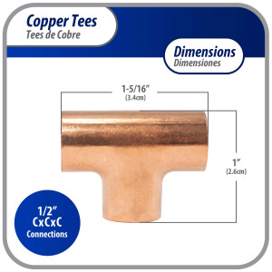 Appli Parts AP-T012B10 1/2pulg Tee de Cobre Conexiones CxCxC soldadas para aplicaciones de refrigeracion, aire acondicionado y plomeria Tuberia de Cobre ACR y Tipo L (10 x Bolsa)